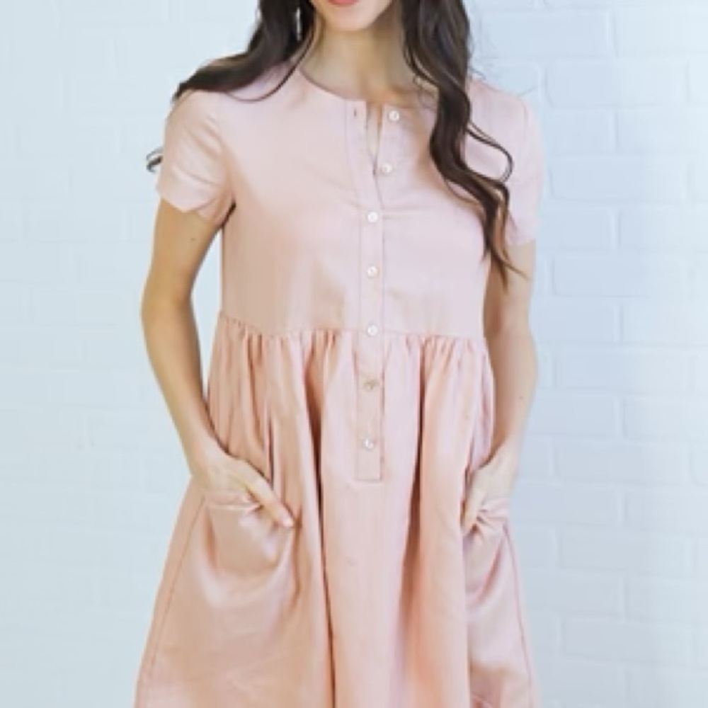 Listicle Babydoll Linen Tunic Blush Pink Dress with Buttons Size Medium EUC